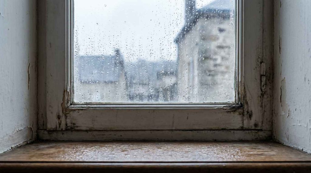 Fenêtre simple vitrage avec condensation et humidité en plein hiver