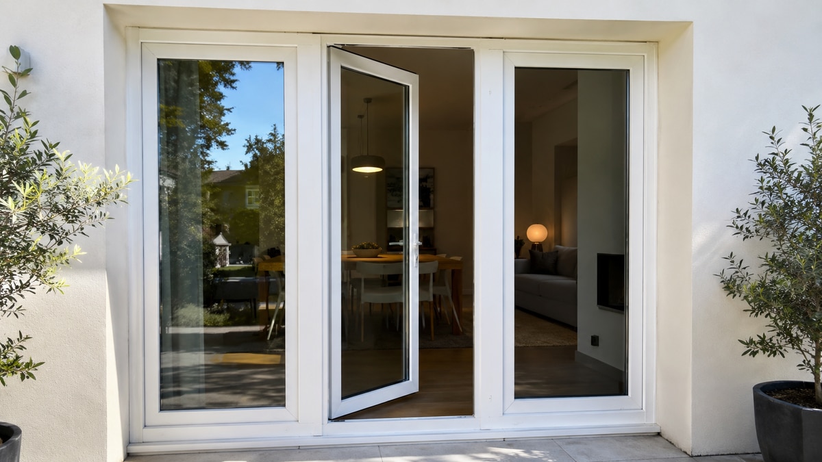 Image vue d'extérieur sur l'intérieur d'un salon accessible depuis une porte fenêtre en PVC