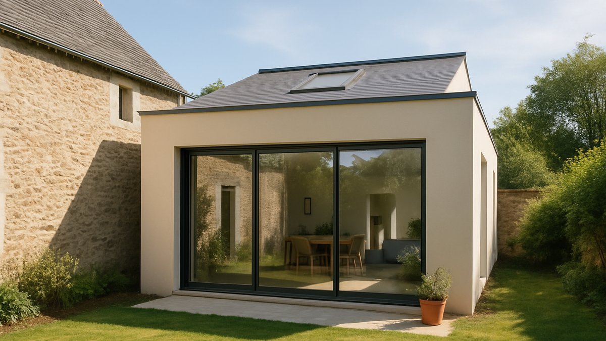 Extension de maison lumineuse avec de grandes baies vitrées